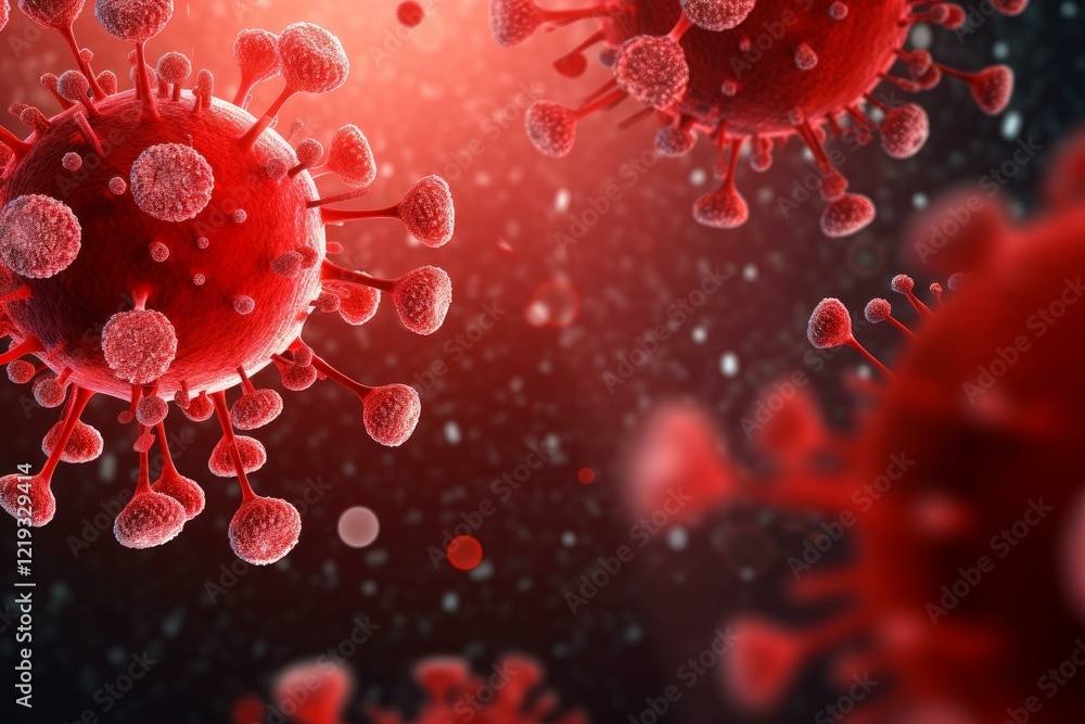 Poster 3d render of multiple coronavirus cells floating in a bloodstream