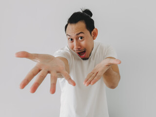 Funny wow face man looking at the empty product in his hand.