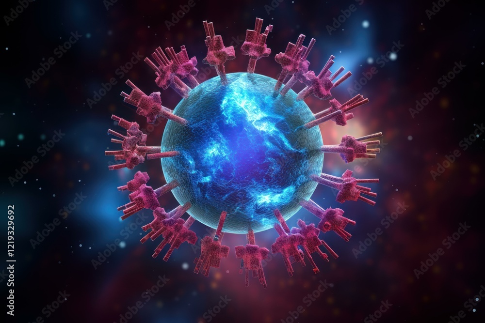 Poster microscopic view of a dangerous virus cell floating in a colorful nebula, causing infection and dise