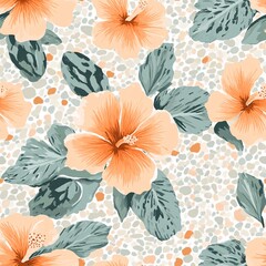 Seamless Pattern Background with Tropical Flowers and Leaves, Watercolor Pastel Orange Hibiscus Layered with Abstract Leopard Print.