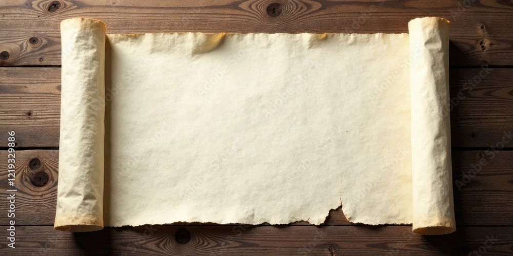 Aufkleber an unfurled scroll of parchment lies upon a rustic wooden surface, ready for your message