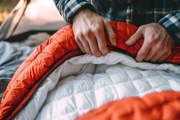 Unzipping a Warm Red and White Down Sleeping Bag Outdoors