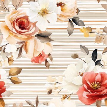 Classic Floral Seamless Pattern with Red, Orange Roses, Flowers on a Mocha Mousse Striped Background, Mixed-Media Watercolor Garden Design with Elegant Textured Details.