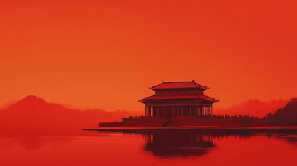 Red Chinese Temple reflecting on water at dusk, artistic style, Generated AI