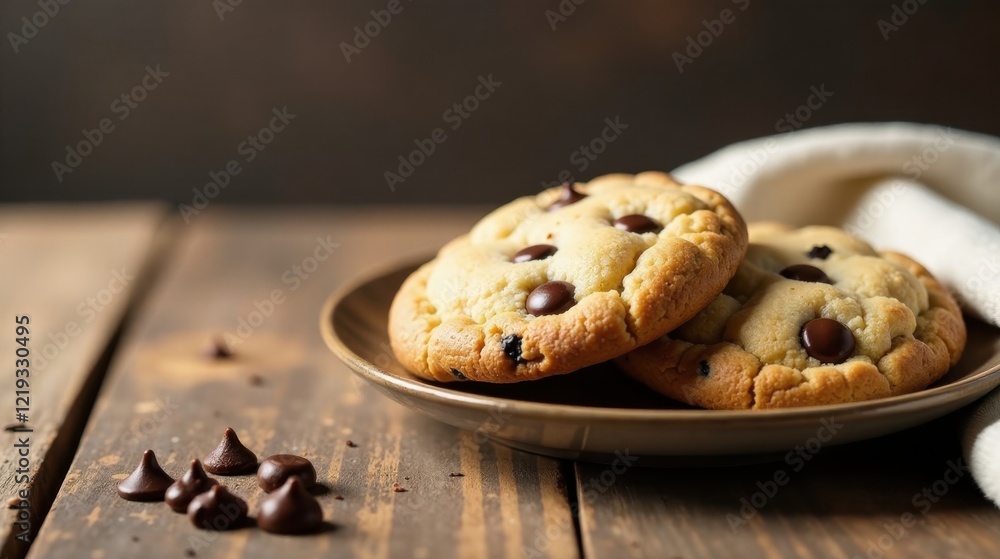Poster A Pair of Delicious Chocolate Chip Cookies on a Rustic Wooden Table with Scattered Chocolate Chips