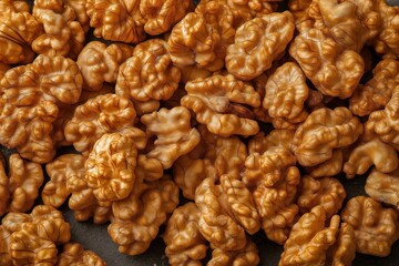 Close-up view of many walnuts. Walnuts form heap. Healthy snack. Organic nuts. Tasty food. Natural ingredient. Great for healthy diet. Full of nutrients. Perfect food for vegetarian vegan diets.