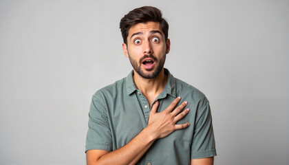 Obraz premium Surprised Indian man with hand on chest, expressing astonishment