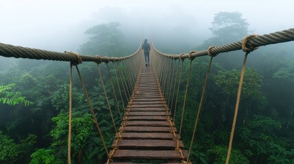 Obraz premium Acrophobia, Fear of Heights Concept, Person Walking on a Narrow Rope Bridge Surrounded by Dense Fog in a Lush Jungle Landscape