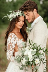 Newlyweds Embrace in a Lush Meadow, Showcasing Boho Chic Wedding Style With Floral Details and a Wildflower Bouquet on a Sunny Day