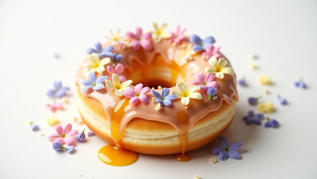 A freshly baked doughnut, glazed with lavender and golden honey, topped with pastel edible flower petals, set against a crisp white background, creating a comforting, indulgent atmosphere.