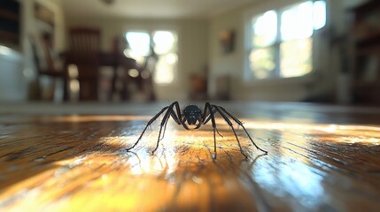 A Black Spider on a Shiny Wooden Floor in a Sunny House