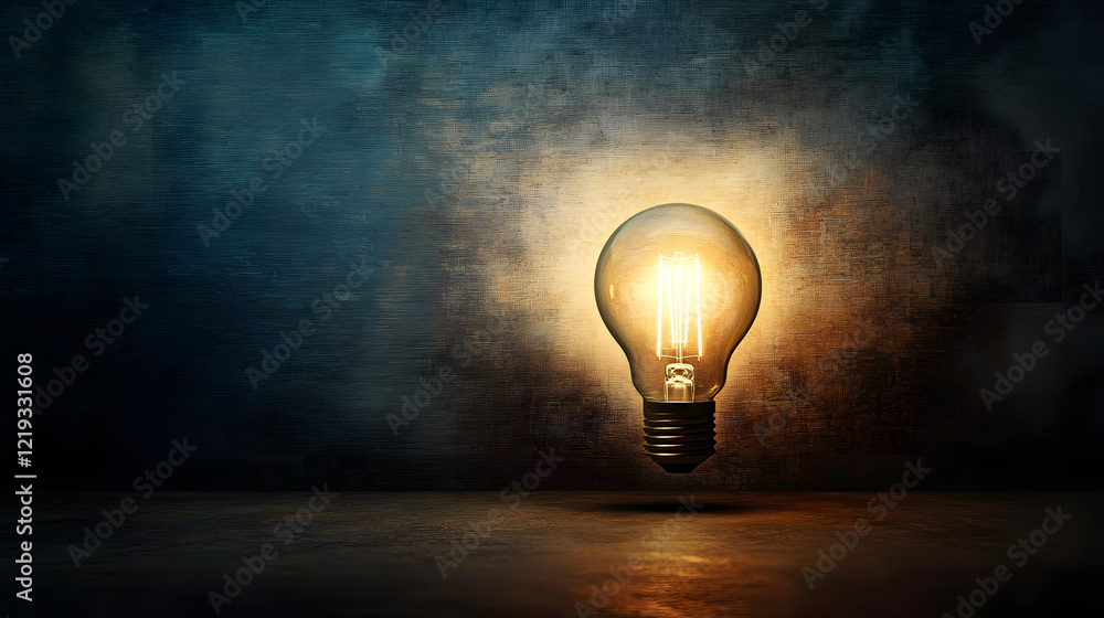 Poster a conceptual image of a light bulb glowing softly against a dark, textured background, with the ligh