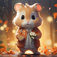 Cute animated hamster holding flowers in autumn forest