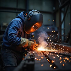 Welder joining metal beams creating bright sparks in industrial workshop