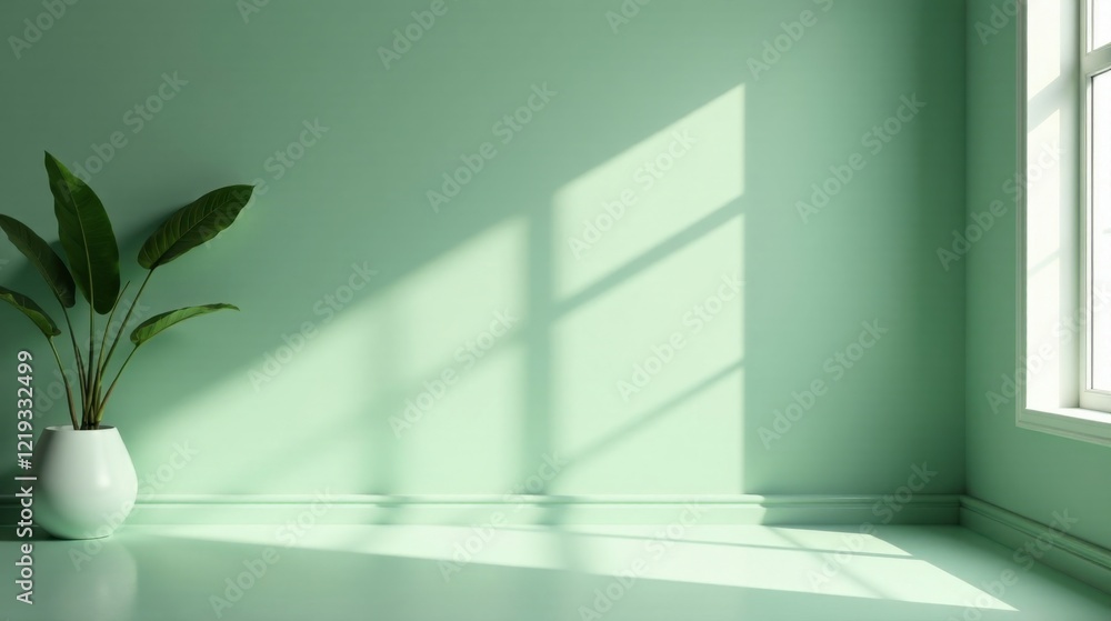 Poster serene minimalist room corner with a lush plant in a white pot and soft light filtering through a wi