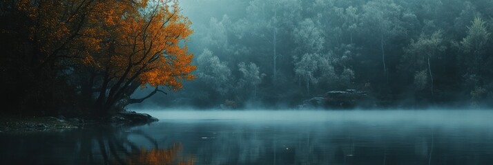 Naklejka premium Autumn Tree by Misty Lake in a Forest