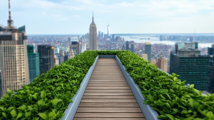 Naklejka premium Acrophobia, Fear of Heights Concept, Serene Rooftop Garden with Narrow Pathway Overlooking a Stunning Cityscape on a High Rise Building