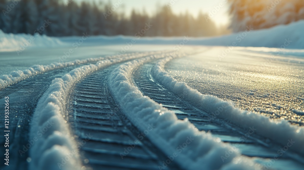 Aufkleber Close up view of distinct tire tracks winding through a layer of fresh snow on a winter road, illuminated by the warm glow of the setting sun, creating a serene and picturesque winter scene