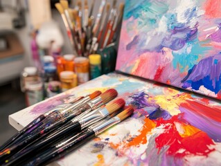 Fototapeta premium Close-up of artist's paintbrushes resting on a colorful textured palette in a creative workspace