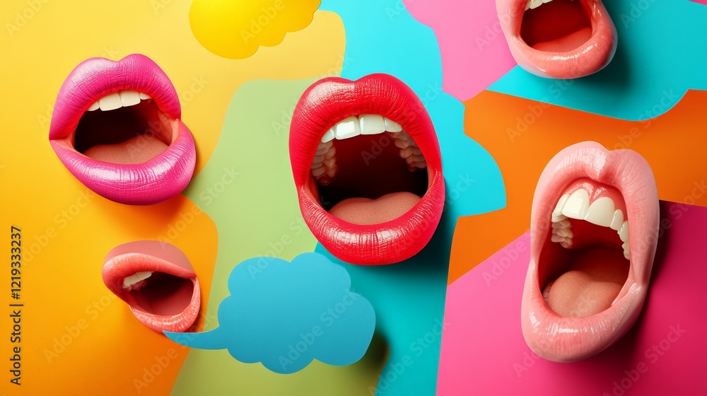 Poster Open mouths with glossy lips are showing white teeth and speaking on a colorful abstract background, creating a vibrant and dynamic concept related to communication, beauty, and self expression