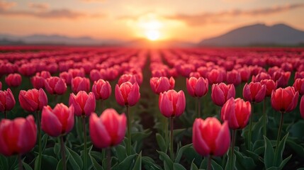 Sunset over a Tulip Field