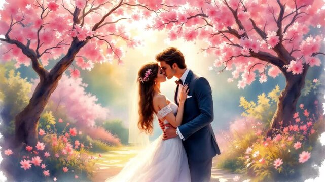  watercolor portrayal of a romantic garden rendezvous