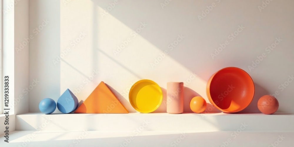 Poster sunlit minimalist composition of geometric shapes and forms on a white surface