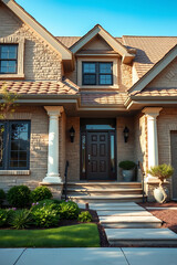 Fototapeta premium Luxury Home Exterior: Brick Facade, Landscaping, and Modern Design