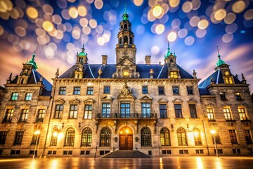 Obraz premium Rotterdam City Hall Facade, Netherlands - Stunning Bokeh Night Photography