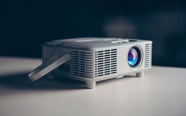 Portable Mini Projector with Folded Stand on White Surface