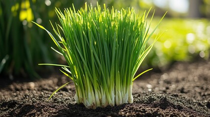 Fresh chives growing in garden soil, sunny day, blurred flowers in background. Use Stock photo