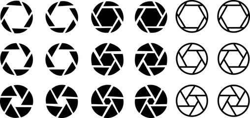 Camera shutter icons set. Camera lens diaphragm. Lens aperture, photo shutter, photo lens, shutter lens, camera shutter and camera lens icon collection 