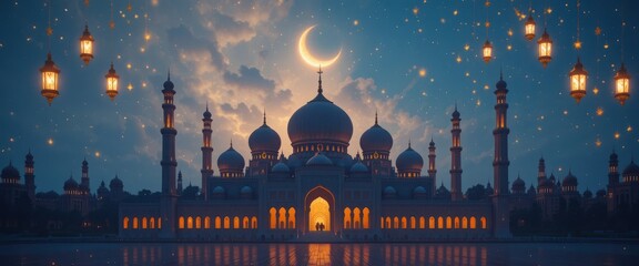 Ramadan Kareem celebration, a serene night scene with a glowing crescent moon and lanterns, Islamic architecture in the background, vibrant colors, HD 8K wallpaper, Stock Photographic Image