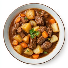 A hearty bowl of beef stew with potatoes and carrots, isolated white background, retro art style