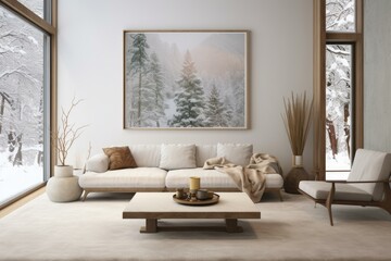 Cozy minimalist living room with large windows overlooking a snowy forest, featuring a large framed artwork and comfortable furniture