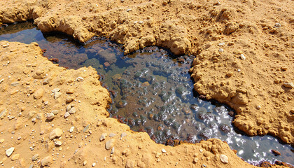 Oil-contaminated groundwater in dry terrain, environmental hazard