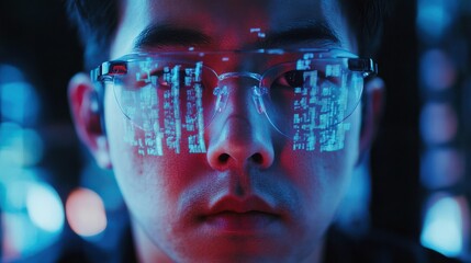 virtual reality, hacking and programming concept - close up of asian male hacker's face in vr glasses with computer program projection