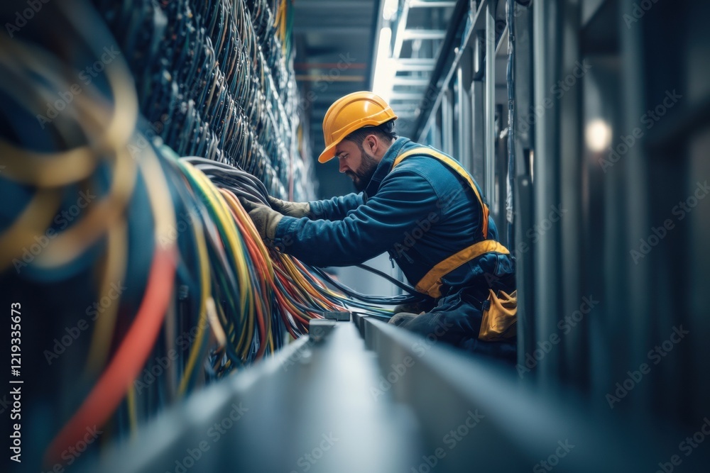 Wall mural electrician organizing a complex array of wires in a commercial setting during daytime