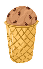 Chocolate ice cream in a waffle cup. Summer dessert. Vector.