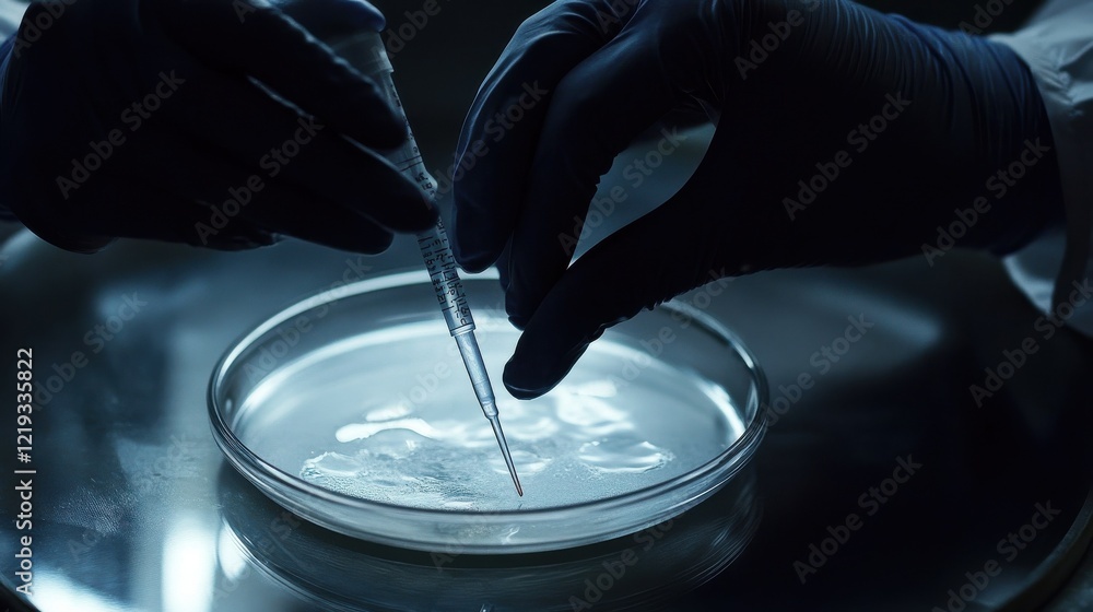 Poster close up shot of scientist hands pipetting sample into dish for dna testing in laboratory