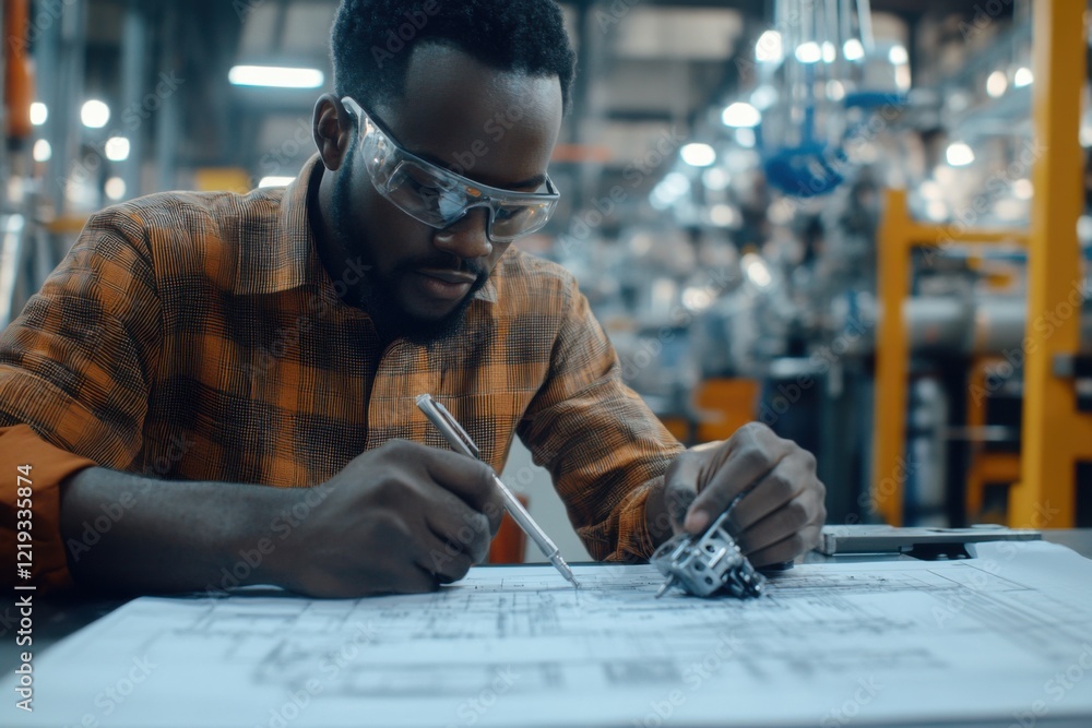 Aufkleber engineer sketches mechanical design in a factory setting while wearing safety glasses and working on