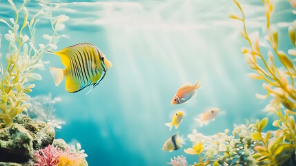 Fototapeta premium Close-up View of Beautifully Designed Aquarium with Colorful Fish