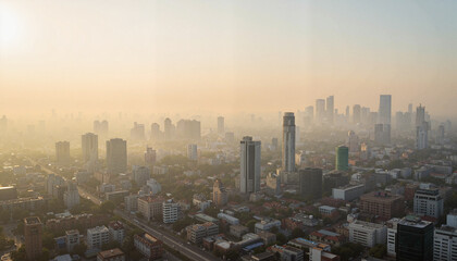 Dense city smog obscuring Delhi skyline at midday, pollution awareness
