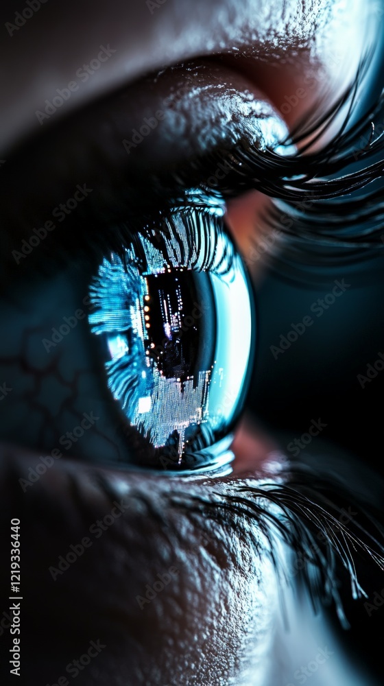 Poster Close up of an eye reflecting an intricate network of electronic circuitry, symbolizing the integration of technology with human vision and the potential of future advancements
