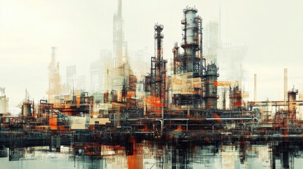 Obraz premium A city skyline with a large industrial plant in the middle. The image is a collage of different shapes and colors, giving it a unique and abstract appearance. Scene is industrial and urban