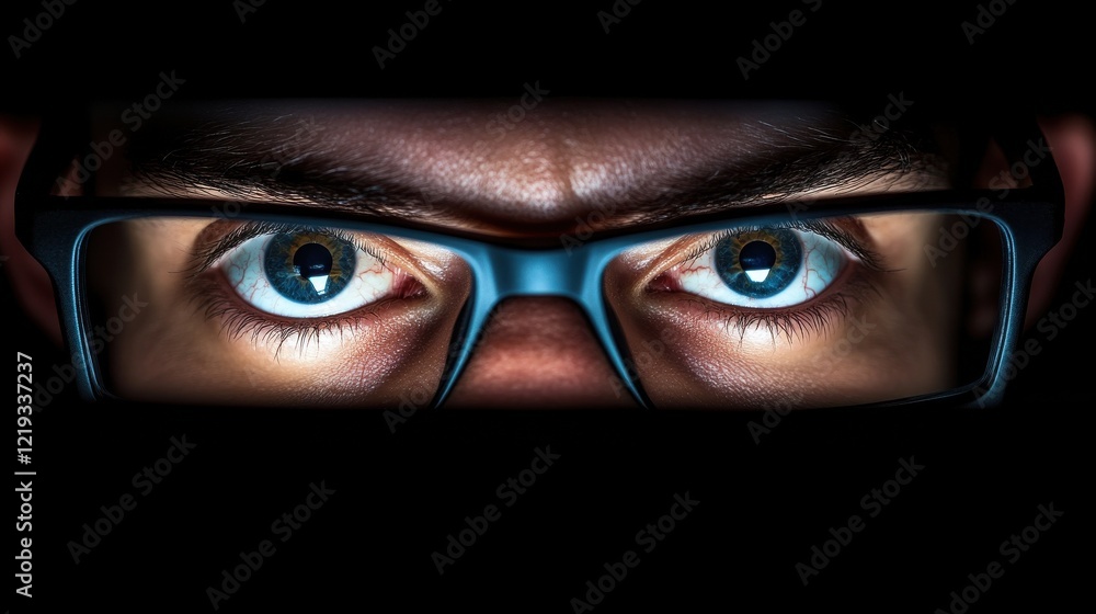 Poster vision, hacking and technology concept - close up of hacker eyes in glasses looking at computer scre