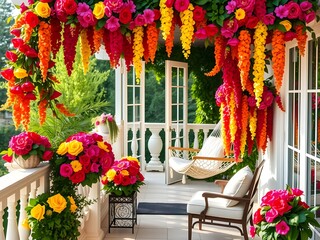 "Design a serene balcony scene adorned with vibrant cascading flowers in shades of red, yellow, pink, and orange. Include lush greenery intertwined with floral arrangements to create a romantic..