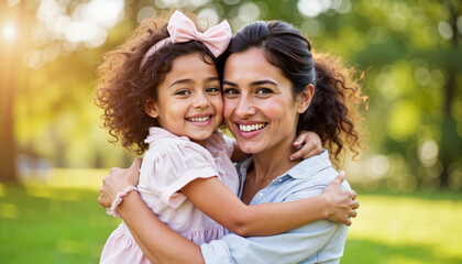 Joyful Indian woman hugging daughter in green park, love and happiness