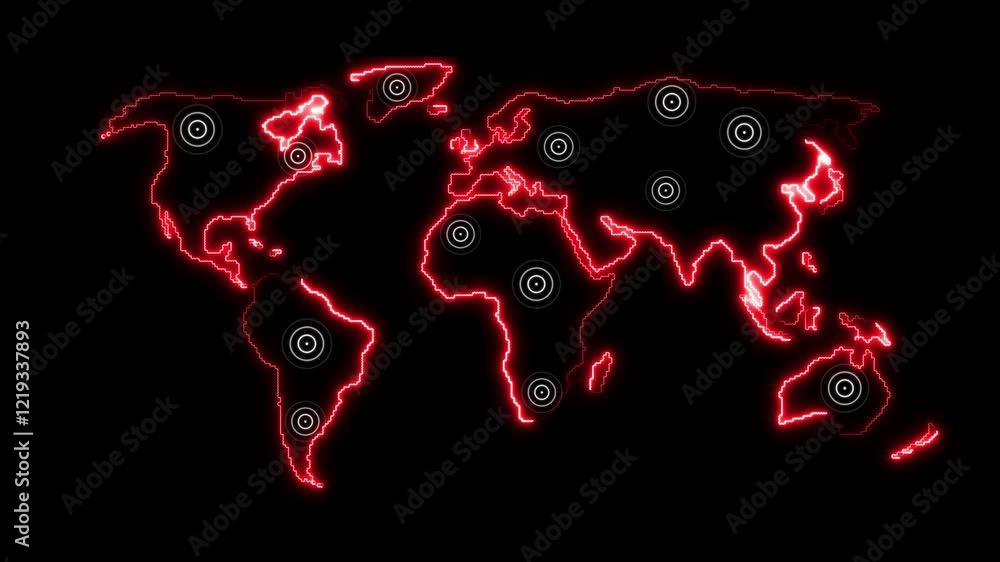 Poster technology radio wave signal animation on earth map. neon earth map icon animated with digital radio