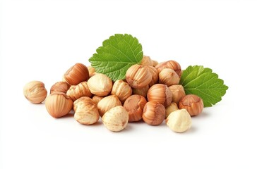 A pile of hazelnuts with leaves, isolated on a white background